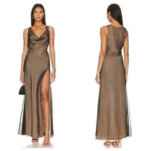 NBD Brown Satin Cowl Neck Maxi Dress with High Slit